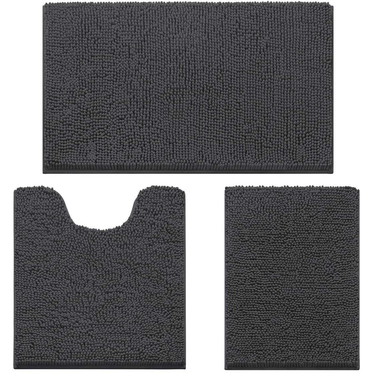 HOMEIDEAS Grey Chenille Bathroom Rugs Set of 3, Non Slip Bath Mat