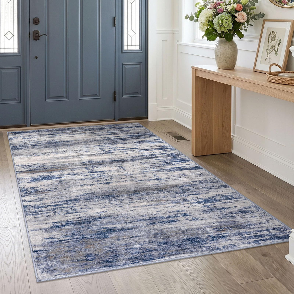 KOZYFLY Abstract Entryway Rug 2x3 Washable Door Mat Indoor Blue Beige