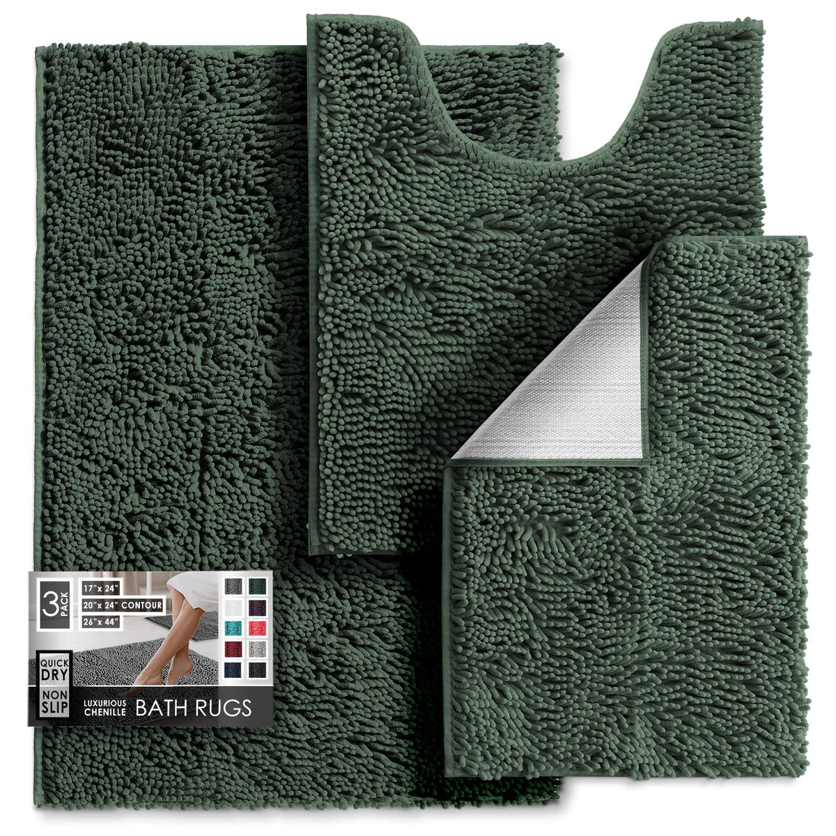 Hearth & Harbor Bathroom Rugs, Chenille Bath Mat - Machine Washable Bath Mats for Bathroom Non-Slip Backing Rubber, Quick Dry Bathroom Mat, 17 x 24 + 20 x 32 - Hunter Green