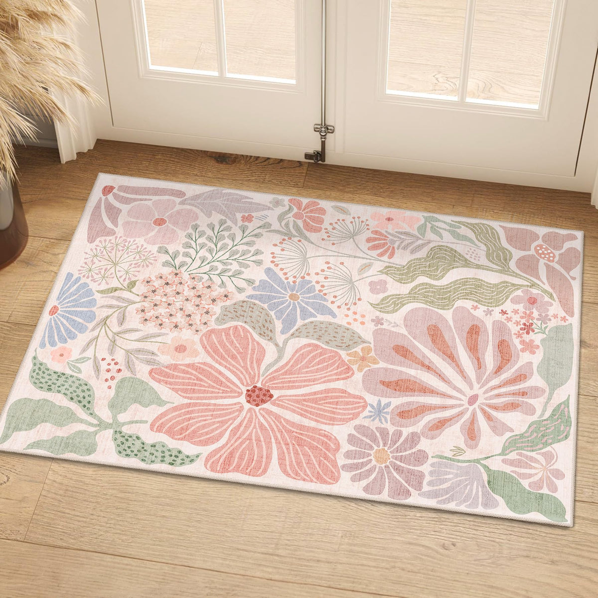 MUJOO Pink Washable 2x6 Runner Rugs Floral Area Rugs Non Slip Low-Pile