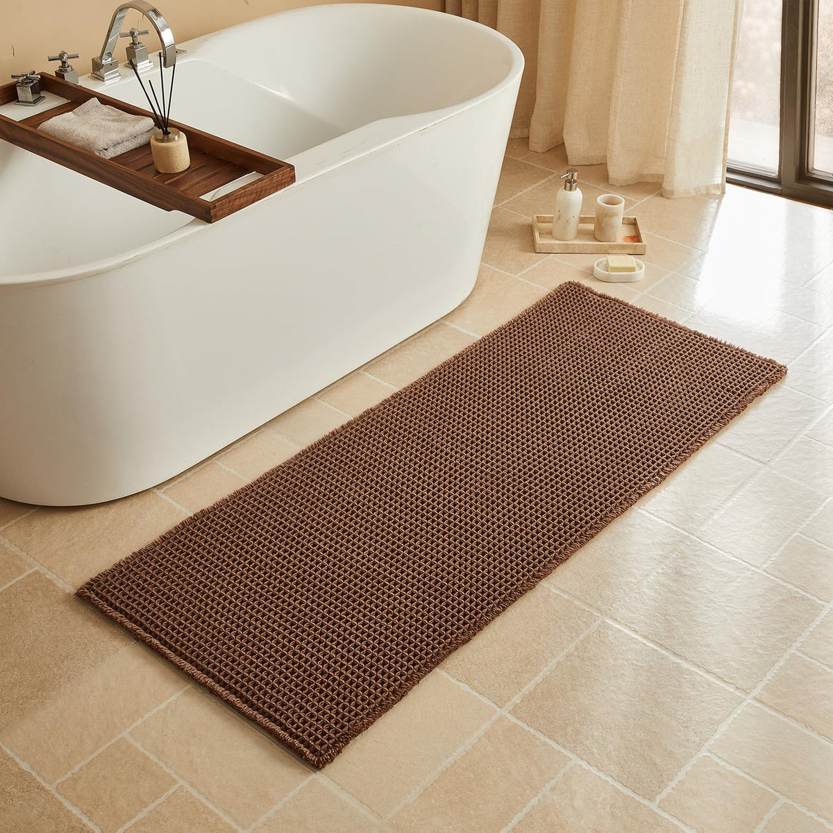 Triohero Waffle Bath Mat, Small Boho Bathroom Rugs Non Slip, 16x24 Khaki