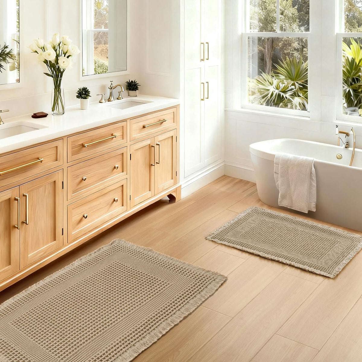 JIUZHEN Set of 2 Waffle Bath Mats Boho Bath Rugs 16"x24"+20"x32", Brown