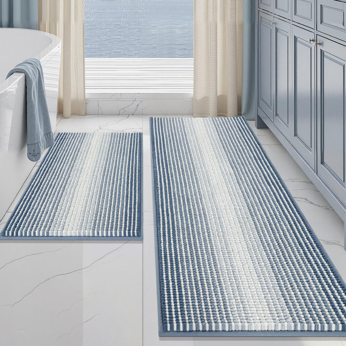 BSICPRO Bathroom Rugs Sets 2 Piece, Non Slip Striped Bath Mats, Sage