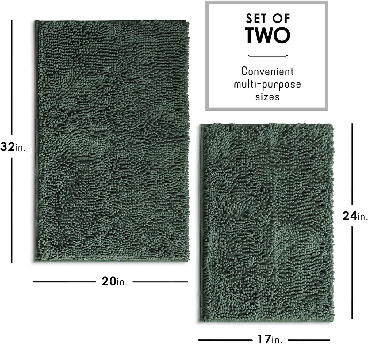 Hearth & Harbor Bathroom Rugs, Chenille Bath Mat - Machine Washable Bath Mats for Bathroom Non-Slip Backing Rubber, Quick Dry Bathroom Mat, 17 x 24 + 20 x 32 - Hunter Green