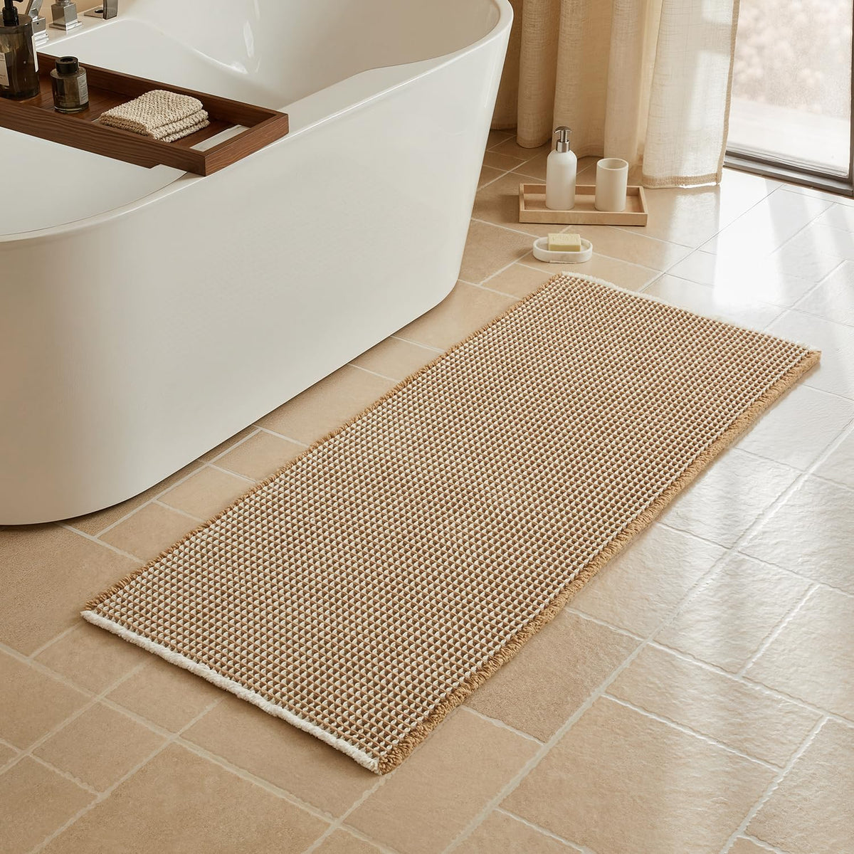 Triohero Waffle Bath Mat, Small Boho Bathroom Rugs Non Slip, 16x24 Khaki
