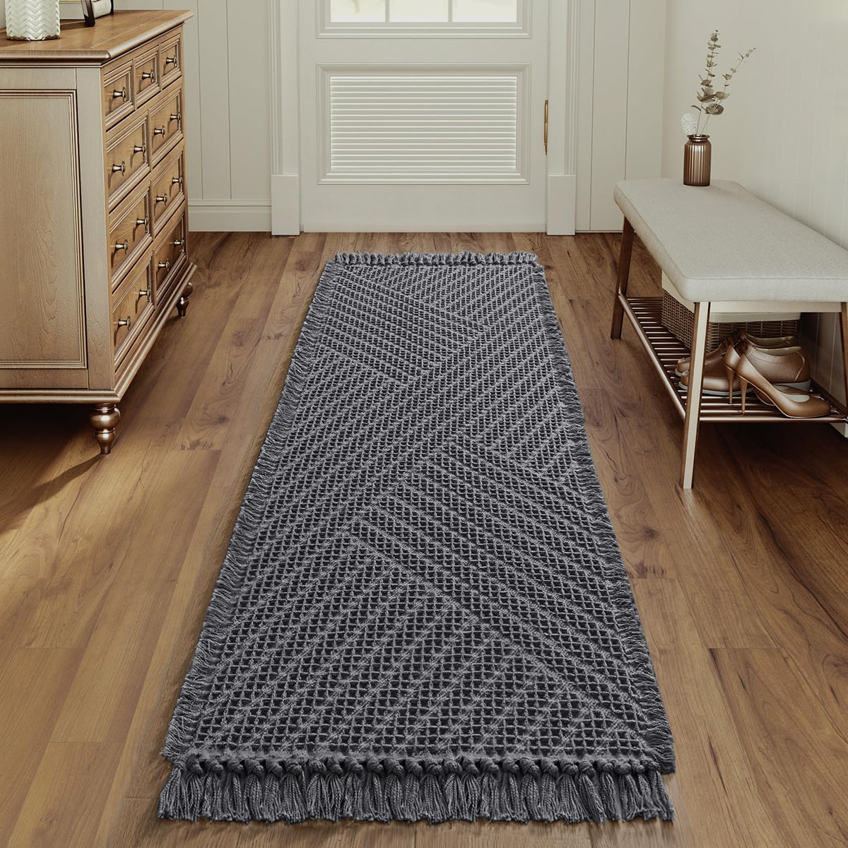 H.VERSAILTEX Waffle Bath Mat Super Absorbent Boho Bath Mat Non Slip Bath Rugs for Bathroom Floor Machine Washable Dry Fast Bathroom Rugs with Tassels, 24" x 36", Ivory White