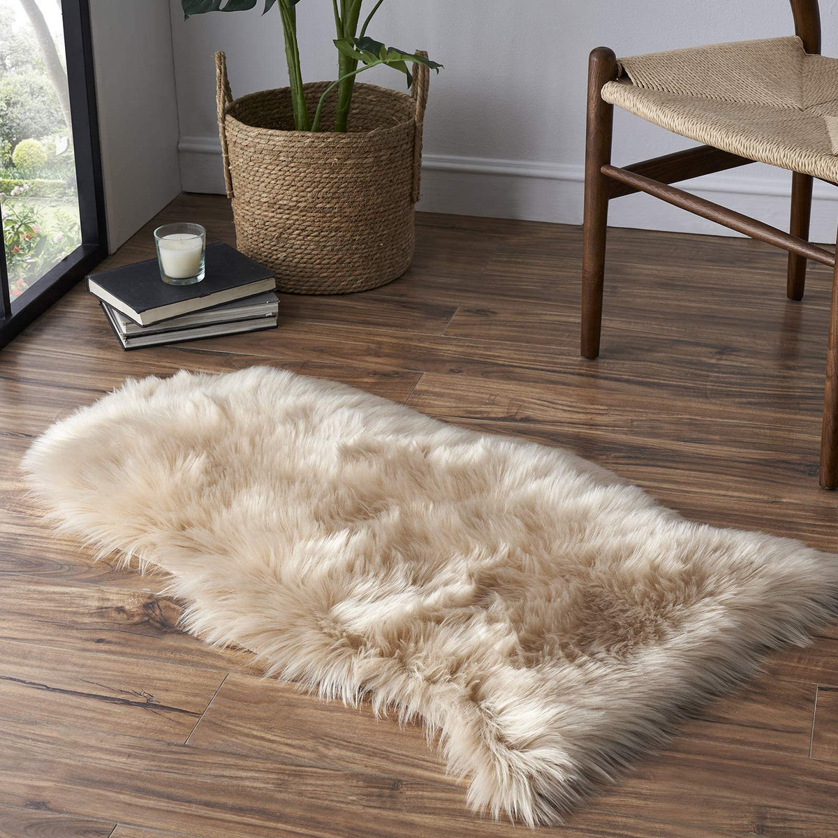 Tangsoo 2x6 Beige Faux Fur Rug,Soft Sheepskin Fluffy Runner Rug for Bedroom