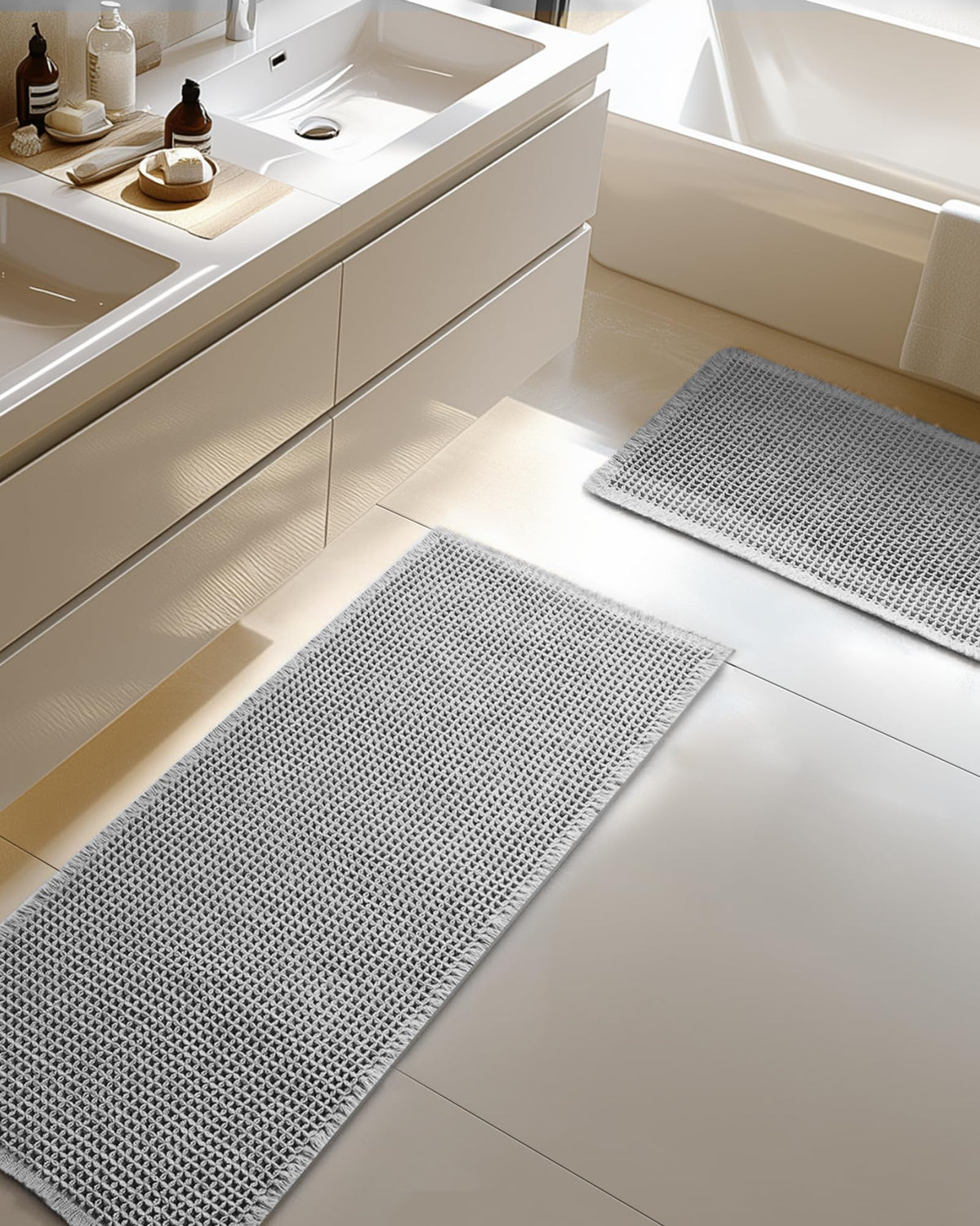 Furicher Large Waffle Bath Mat Set, Non Slip Bath Rug Set, Ultra Absorbent Bath Mats for Bathroom Decor, Extra Soft Floor Kitchen Rugs Sets 2 Piece, Washable Bath Runner Rug, Brown, 20"×47" & 16"×24"