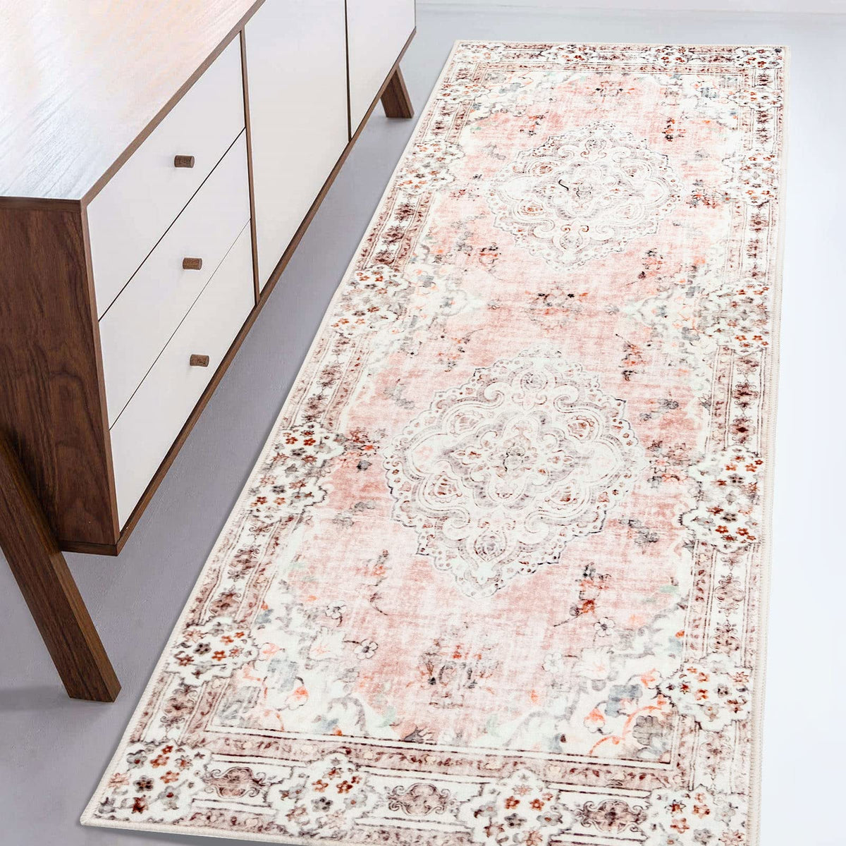 MUJOO Pink Rug 3x5 Washable,Boho Area Rugs Small Non Slip Low-Pile Floral