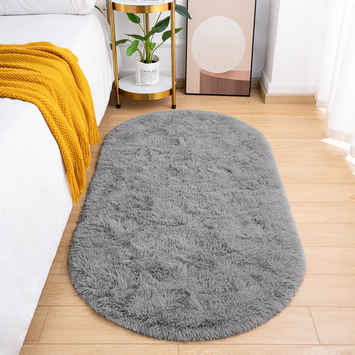 Goideal Fluffy Bedroom Rug, Small Oval Area Rugs, Cream Shag Bedside Carpet for Kids Room Nursery Dorm Cute Fuzzy Indoor Decor for Boy and Girl, 2.6 x 5.3 Feet