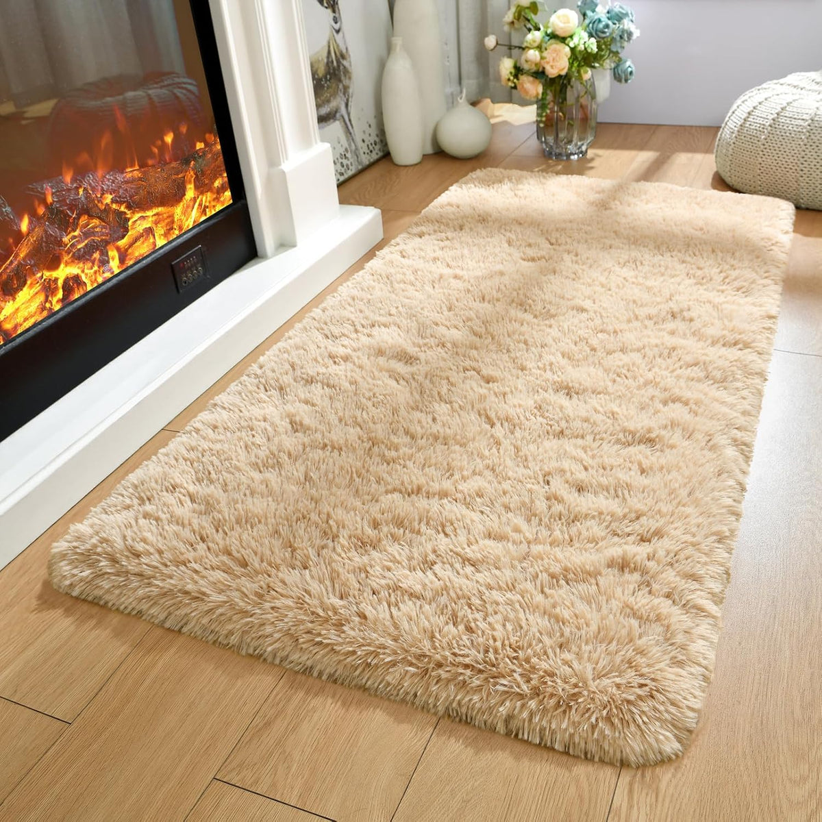 Merelax Fluffy Rug Shaggy Area Rug, Beige 2x4 Area Rugs for Bedroom, Small Kids Bedside Rug, Soft Non-Slip Entryway Throw Rugs for Living Room Bedroom Nursery Room Home Holiday Decor Aesthetic