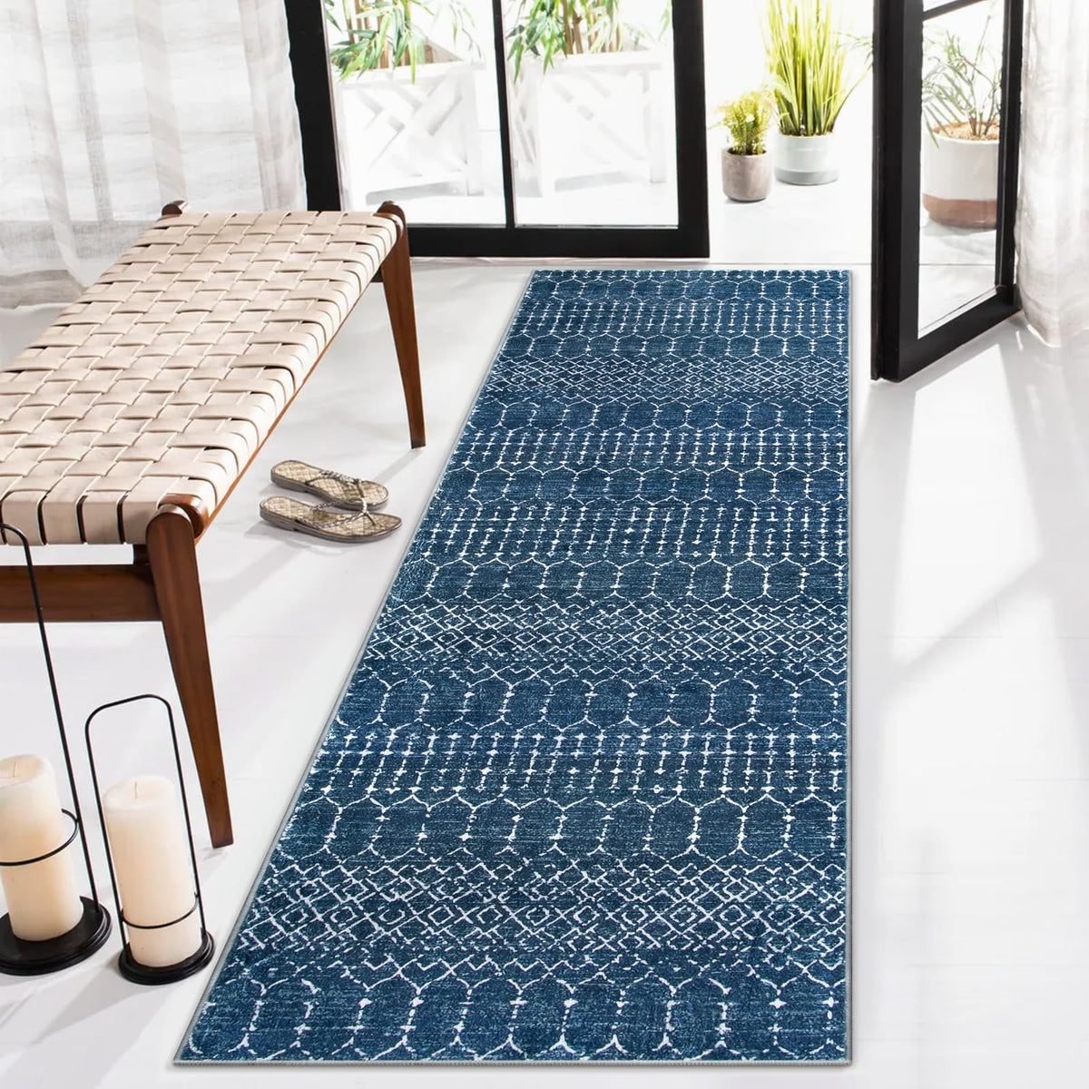Lahome Moroccan Indoor Rugs for Entryway 2x3 Area Rug Non-Slip Backing Washable Inside Door Mats Low-Profile Throw Soft Rugs for Bathroom, Geometric Print Distressed Blue Rug for Kitchen Bedside Hana