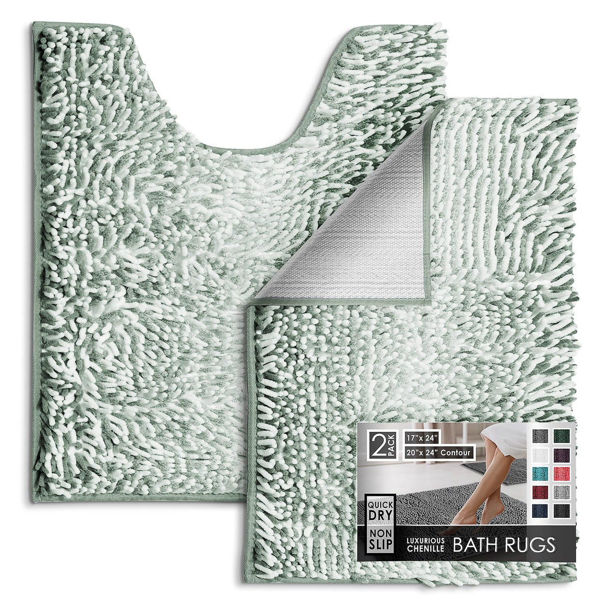 Hearth & Harbor Bathroom Rugs, Chenille Bath Mat - Machine Washable Bath Mats for Bathroom Non-Slip Backing Rubber, Quick Dry Bathroom Mat, 17 x 24 + 20 x 32 - Hunter Green