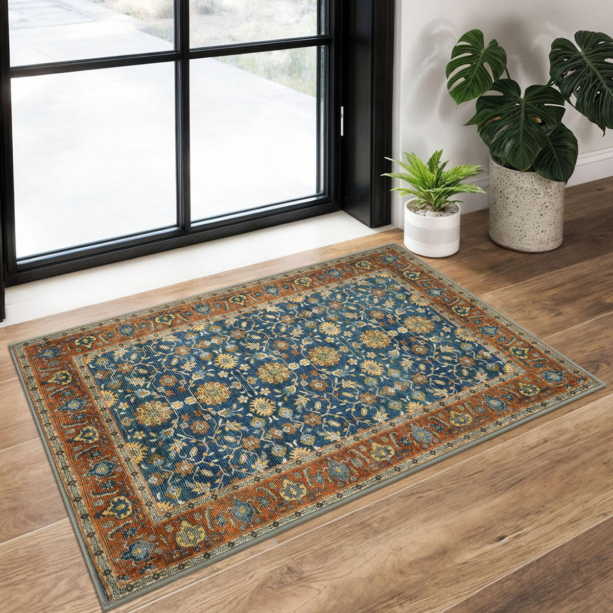 KUTA Vintage Floral Washable 2x3 Rugs for Entryway Blue Grey Beige
