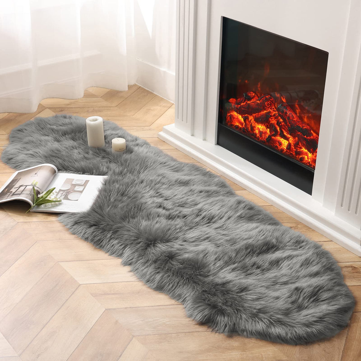 Ashler Faux Fur Rug, White, 2x3 Ft, Machine Washable