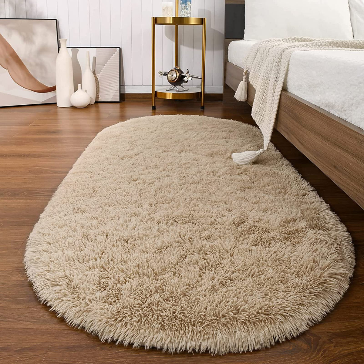 Softlife Fluffy Rugs for Bedroom, Shag Cute Area Rug for Girls/Boys and Kids Baby Room Home Decor, 2.6 x 5.3 Feet Oval Indoor Carpet for Nursery Dorm Living Room, Creamy