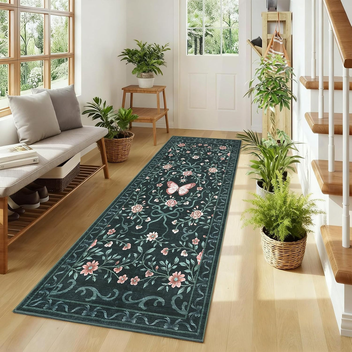 GarveeHome Floral Runner Rug Butterfly Bow Rose Bordered Carpet
