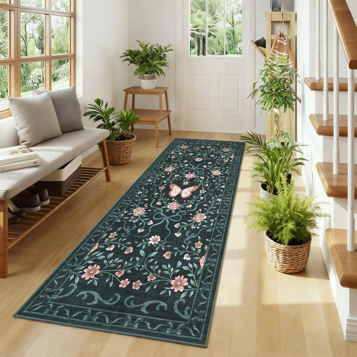 GarveeHome Floral Runner Rug Butterfly Bow Rose Bordered Carpet