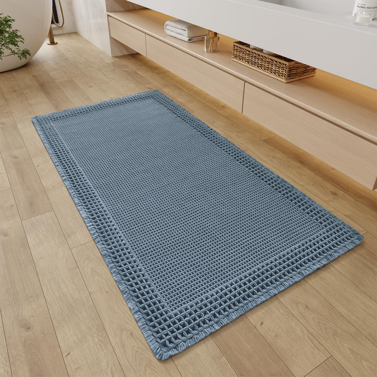 RESARE Waffle Bathroom Runner Rugs, Non Slip Boho Bath Mat 24"x72" Brown
