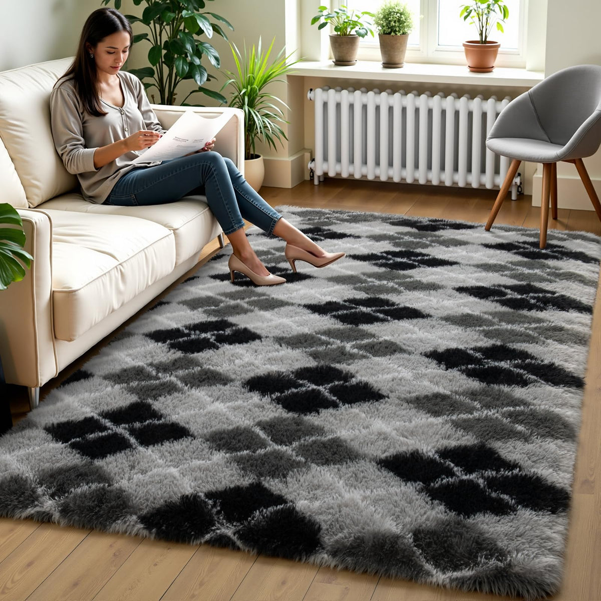 Zentavio 2x6 Runner Rugs for Hallway Shag Soft Bedroom Bedside Rugs Non Slip Fluffy Carpet for Kids Girls Boys Home Decor Aesthetic Dorm Nursery Tie-Dyed Black Grey