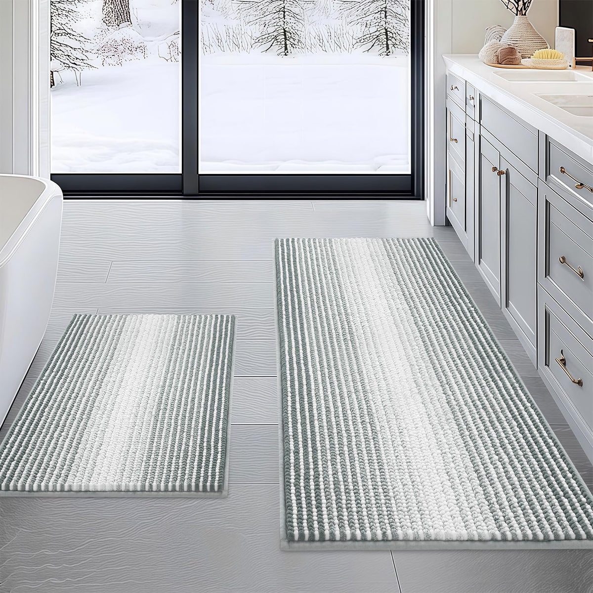 BSICPRO Bathroom Rugs Sets 2 Piece, Non Slip Striped Bath Mats, Sage