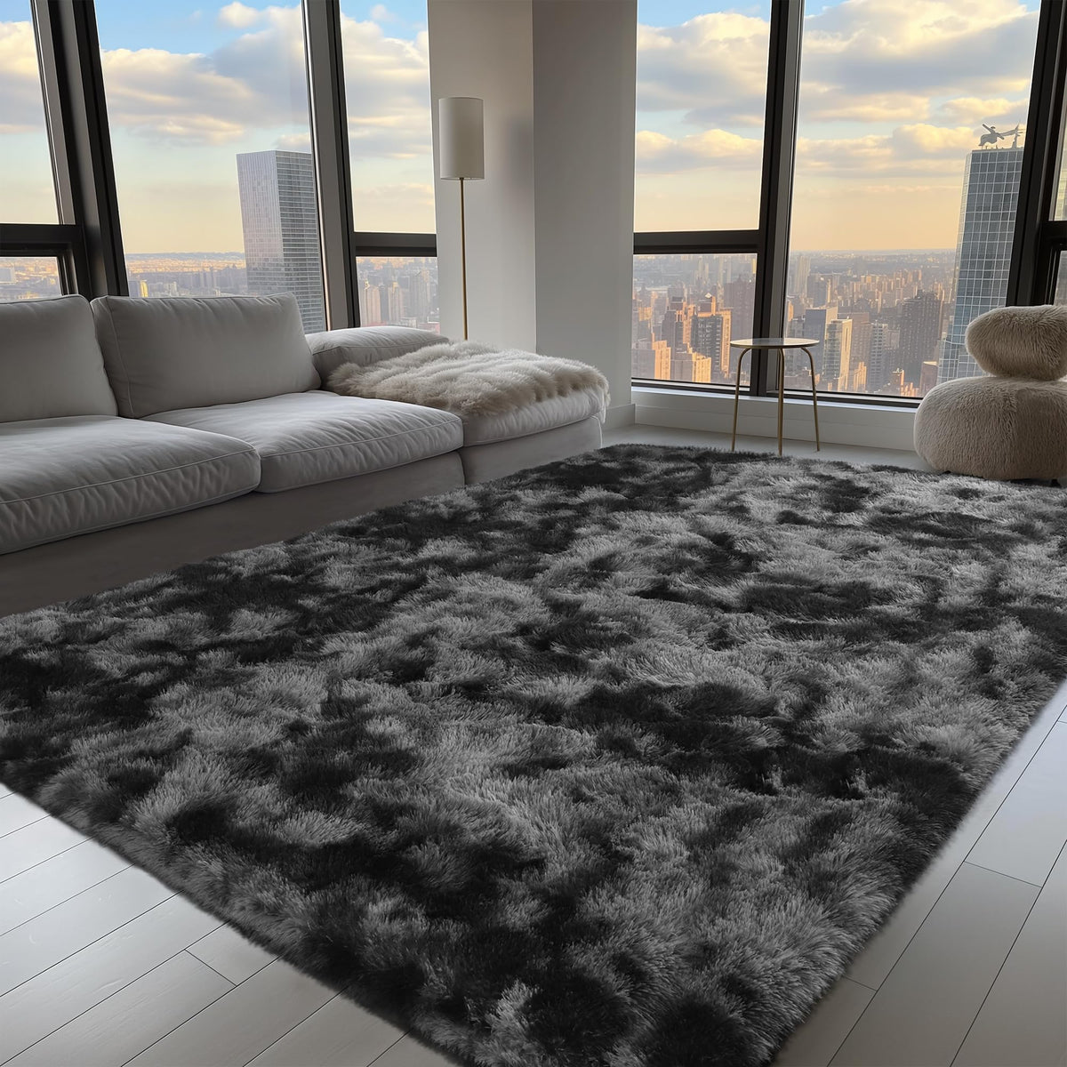 Zentavio 2x6 Runner Rugs for Hallway Shag Soft Bedroom Bedside Rugs Non Slip Fluffy Carpet for Kids Girls Boys Home Decor Aesthetic Dorm Nursery Tie-Dyed Black Grey