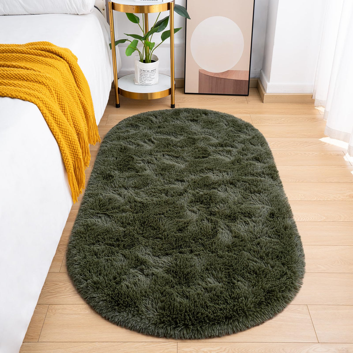 Goideal Fluffy Bedroom Rug, Small Oval Area Rugs, Cream Shag Bedside Carpet for Kids Room Nursery Dorm Cute Fuzzy Indoor Decor for Boy and Girl, 2.6 x 5.3 Feet