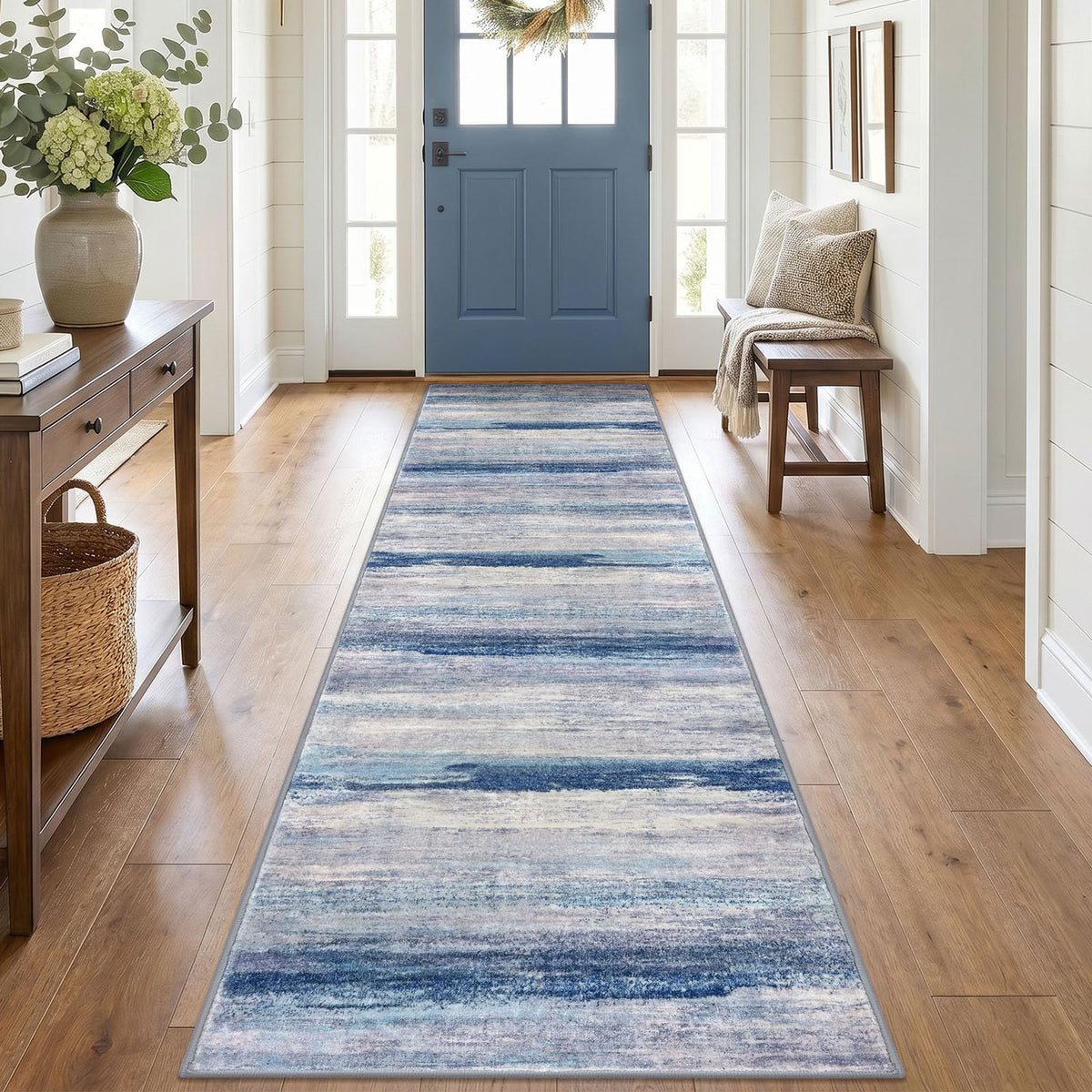 KOZYFLY Abstract Entryway Rug 2x3 Washable Door Mat Indoor Blue Beige