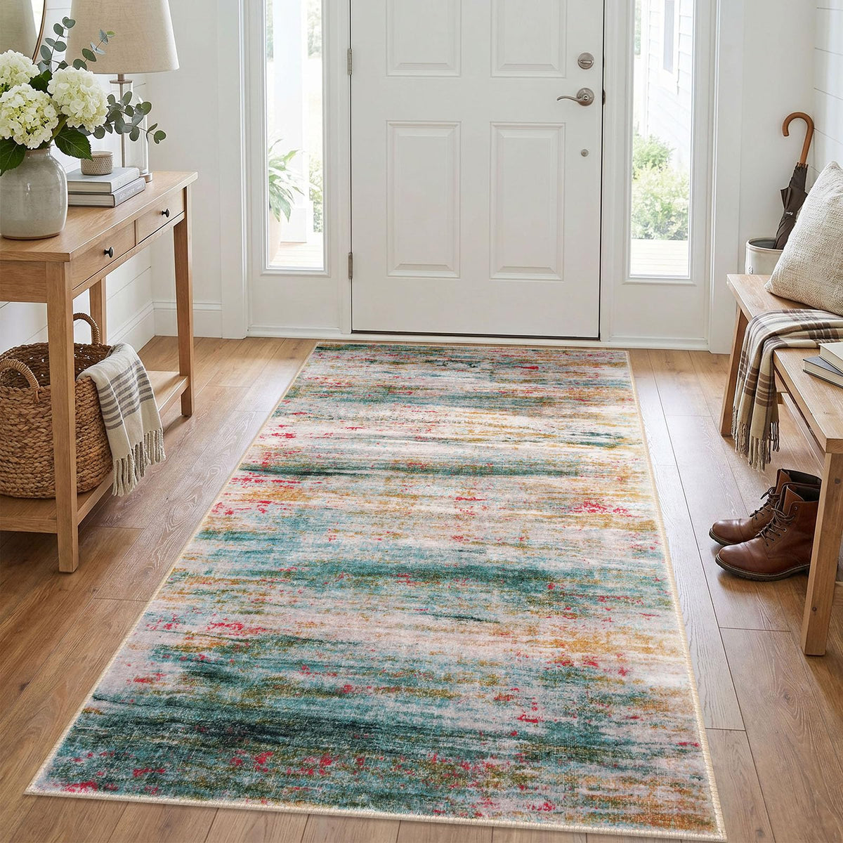 KOZYFLY Abstract Entryway Rug 2x3 Washable Door Mat Indoor Blue Beige