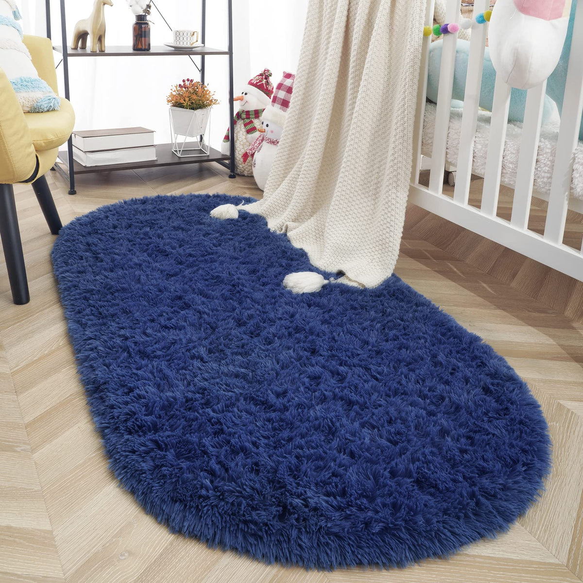 ISEAU Oval Fluffy Rug Carpets for Kids Bedroom,2.6x5.4ft,Black