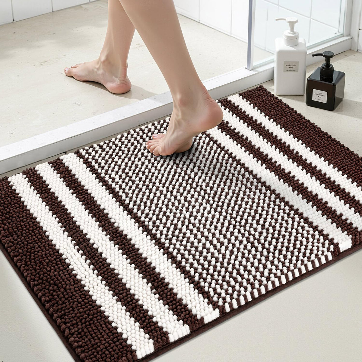 BSICPRO Bathroom Rugs Sets 2 Piece, Non Slip Striped Bath Mats, Sage