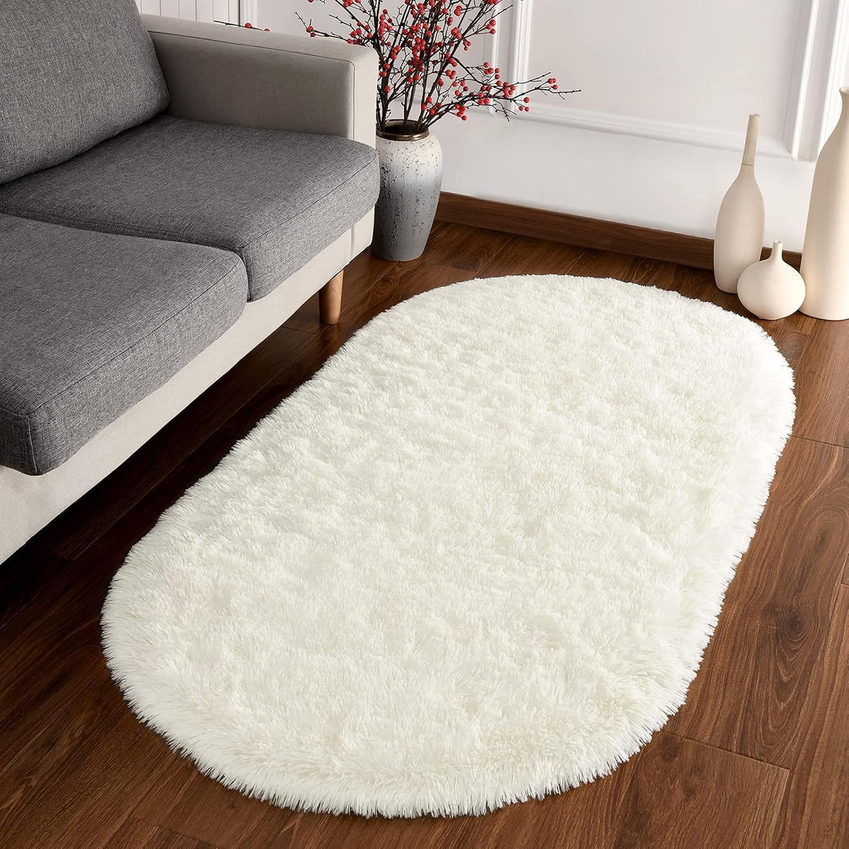 Softlife Fluffy Rugs for Bedroom, Shag Cute Area Rug for Girls/Boys and Kids Baby Room Home Decor, 2.6 x 5.3 Feet Oval Indoor Carpet for Nursery Dorm Living Room, Creamy