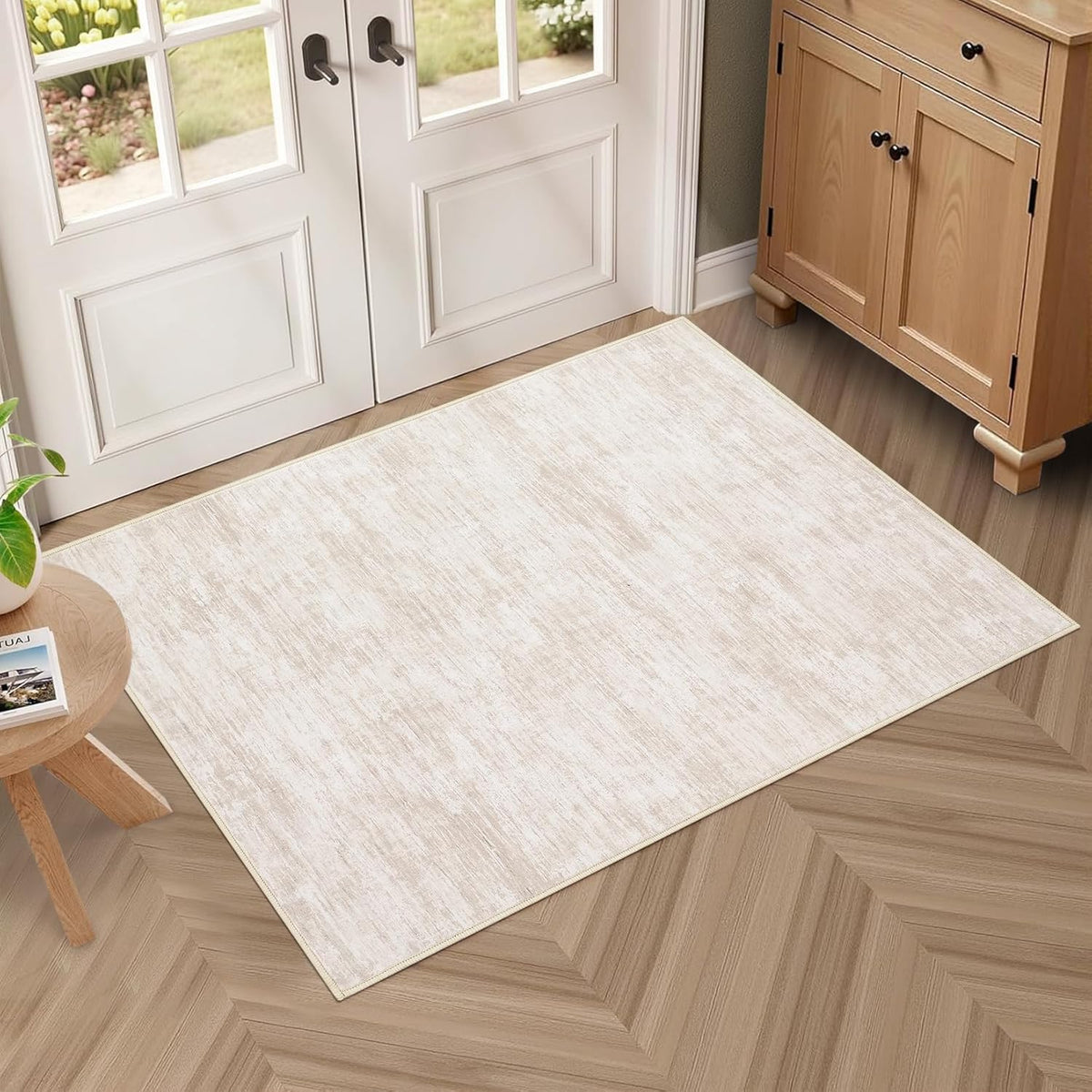 RUGSREAL Small Area Rug 2x3 Entryway Mat with Rubber Backing Stain Resistant Throw Carpet Modern Solid Color Bath Mat Contempowary Washable Rug for Living Room Bedroom Dining Room Kitchen, Beige 2x3