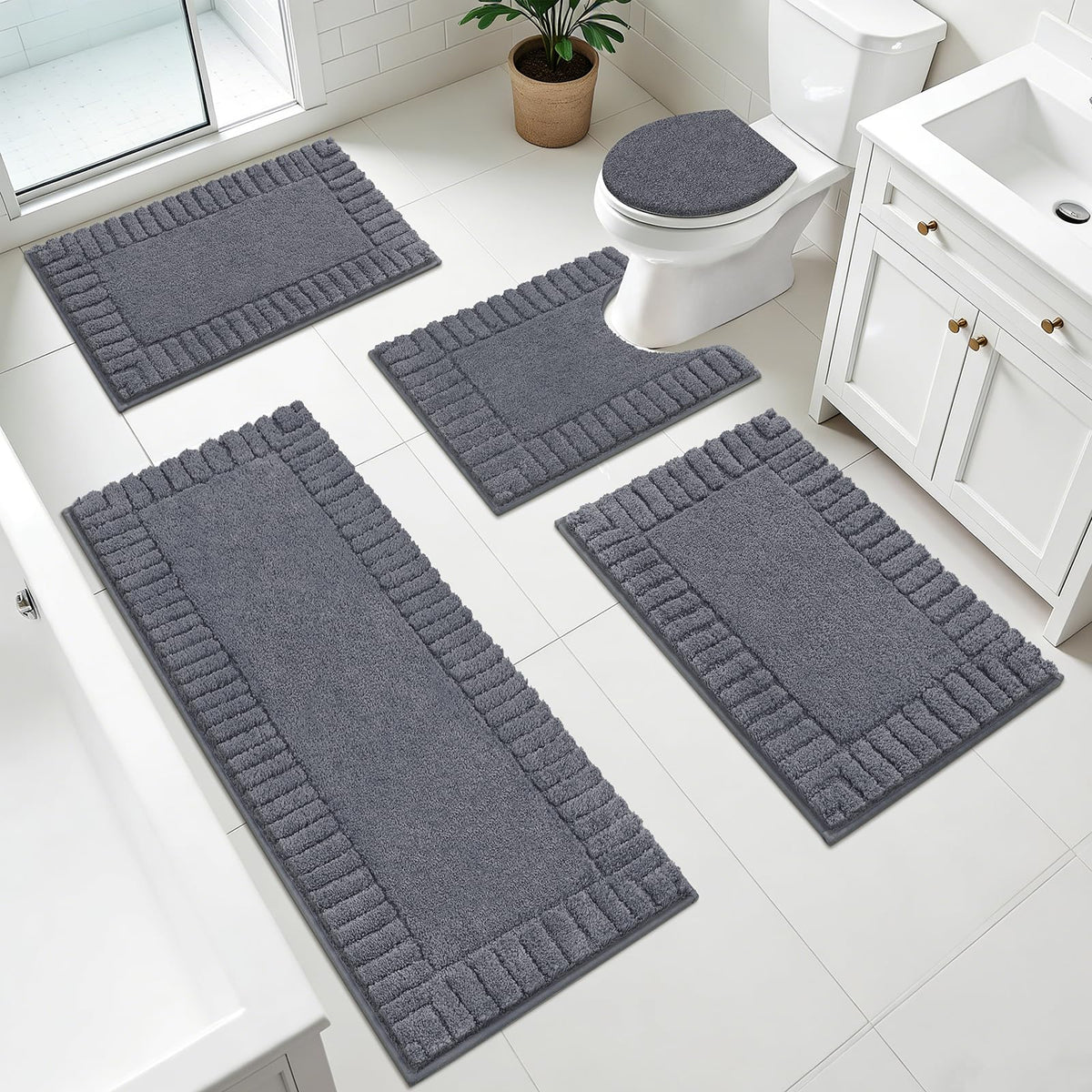 Pauwer Bathroom Rugs Sets 3 Piece, Microfiber Bath Mat Set, Dark Grey