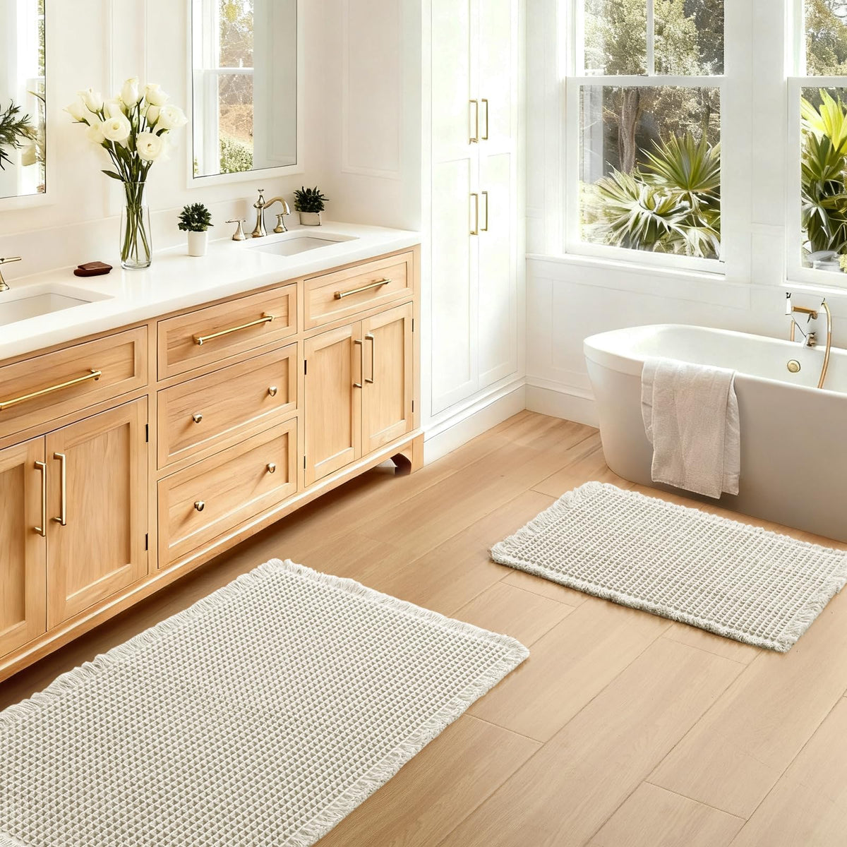 JIUZHEN Set of 2 Waffle Bath Mats Boho Bath Rugs 16"x24"+20"x32", Brown