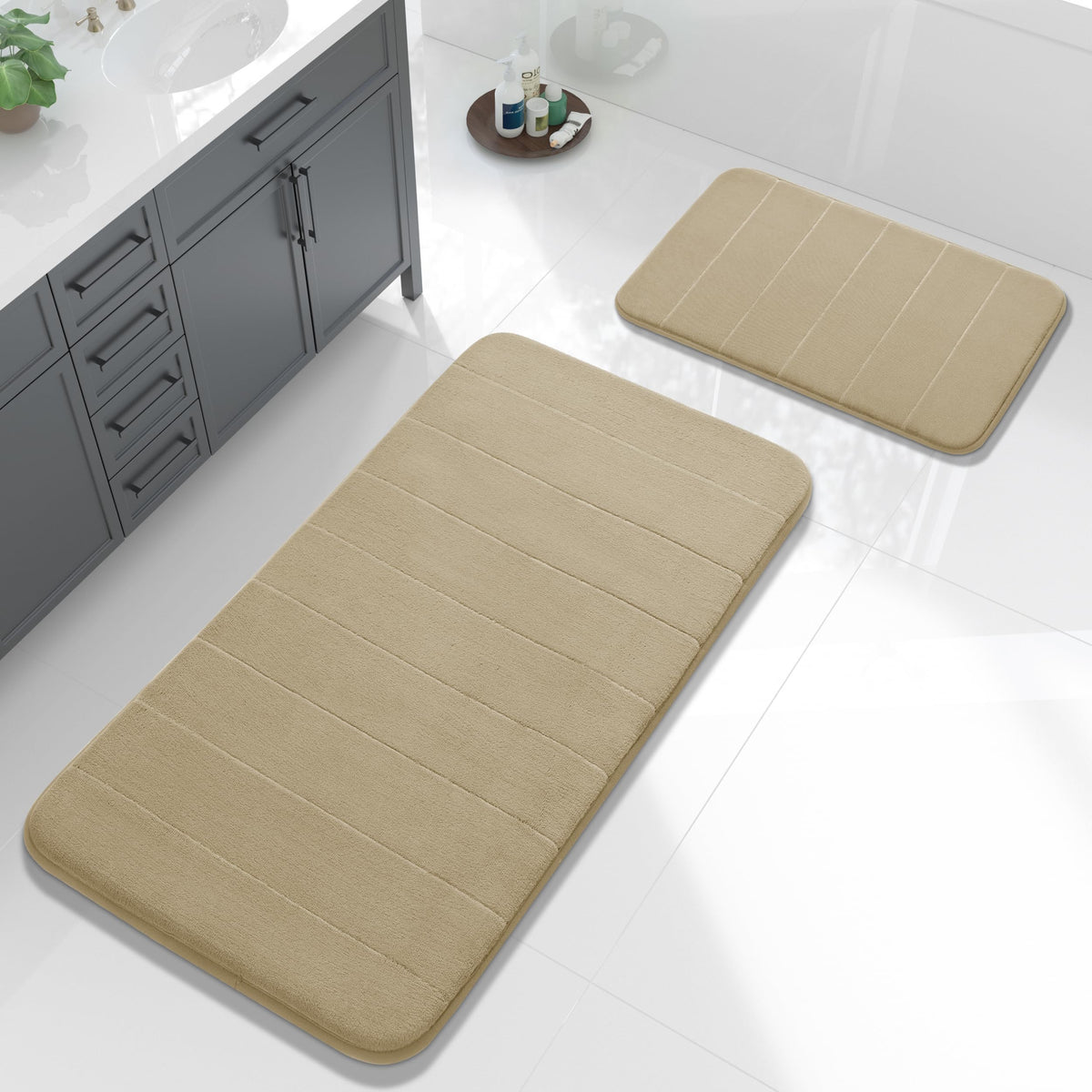 Yimobra Memory Foam Bathroom Rugs Sets 2 Piece - Super Soft Absorbent Quick Dry Bath Mat Set, Machine Washable Non Slip Floor Carpet for Tub Shower & Single Sink (17x24 & 31.5x20 Inch, Gray)