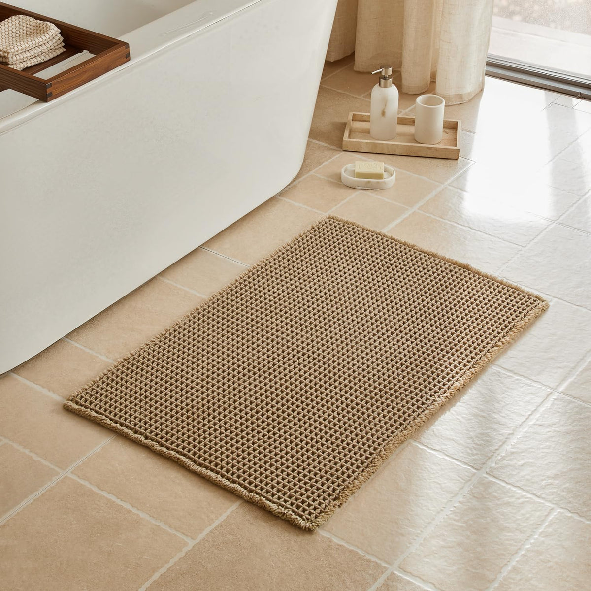 Triohero Waffle Bath Mat, Small Boho Bathroom Rugs Non Slip, 16x24 Khaki