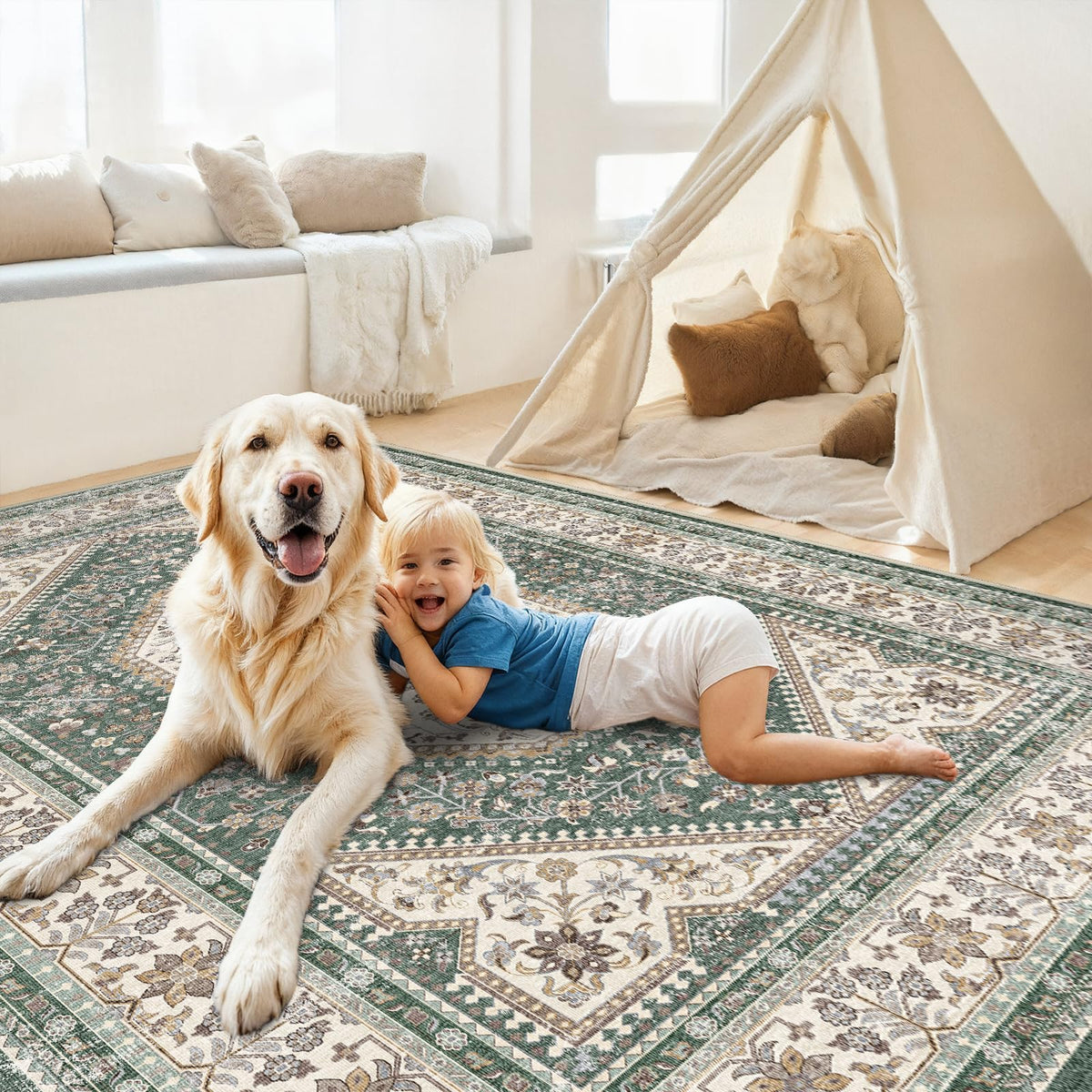 2x3 Washable Entryway Area Rug - Non-Slip Boho Throw Rugs Beige Gray