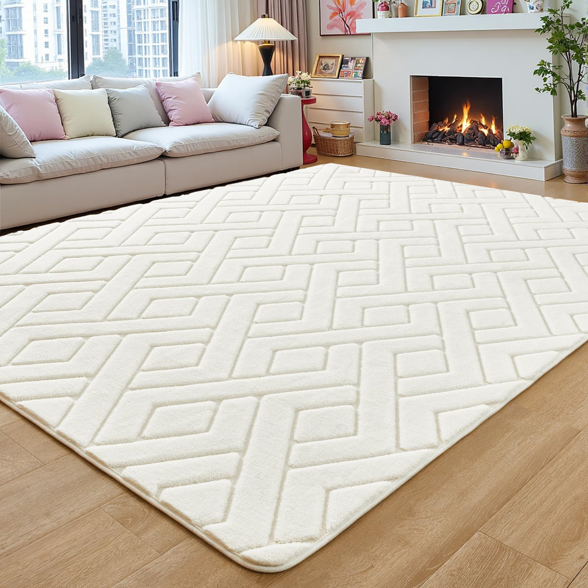 Grey Fluffy Area Rug for Bedroom, 3x5 Geometric Shag Rugs