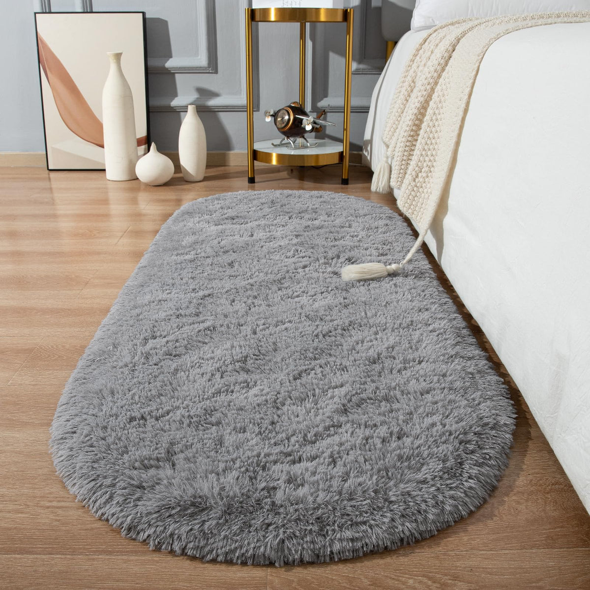 Softlife Fluffy Rugs for Bedroom, Shag Cute Area Rug for Girls/Boys and Kids Baby Room Home Decor, 2.6 x 5.3 Feet Oval Indoor Carpet for Nursery Dorm Living Room, Creamy