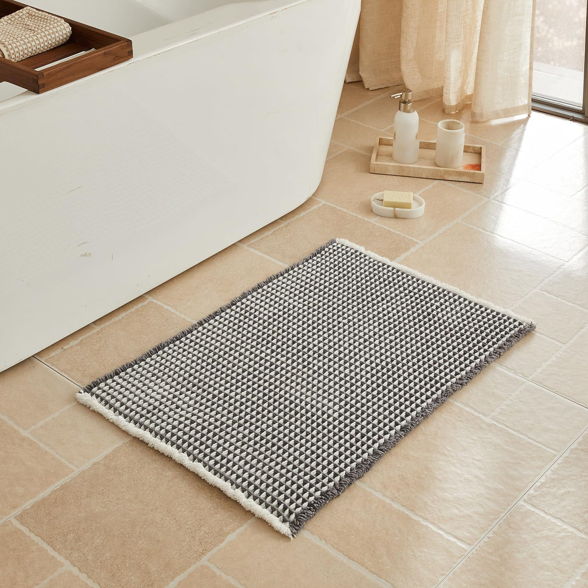 Triohero Waffle Bath Mat, Small Boho Bathroom Rugs Non Slip, 16x24 Khaki