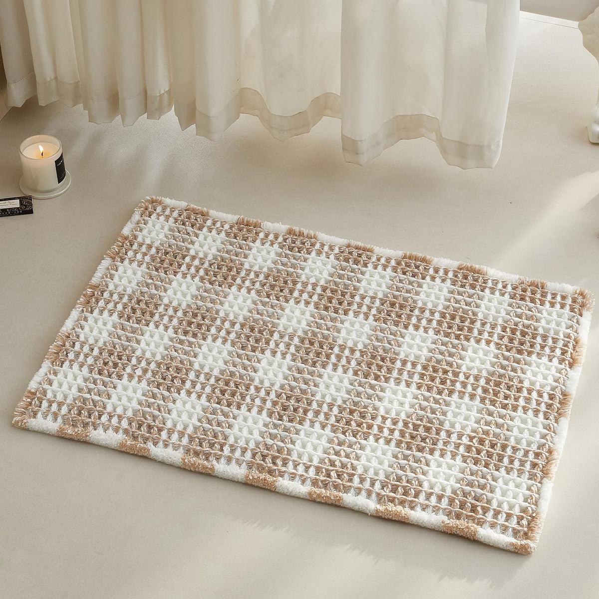 TYUU Waffle Bath Mat, Boho Bathroom Rugs Non Slip Washable, 30x20 Khaki