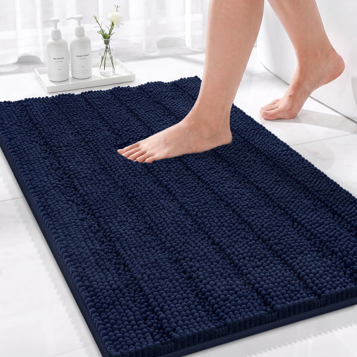Bcoimo Small Bath Rug Mat,24x17 Chenille Non Slip Gray Bathroom Shower Mat