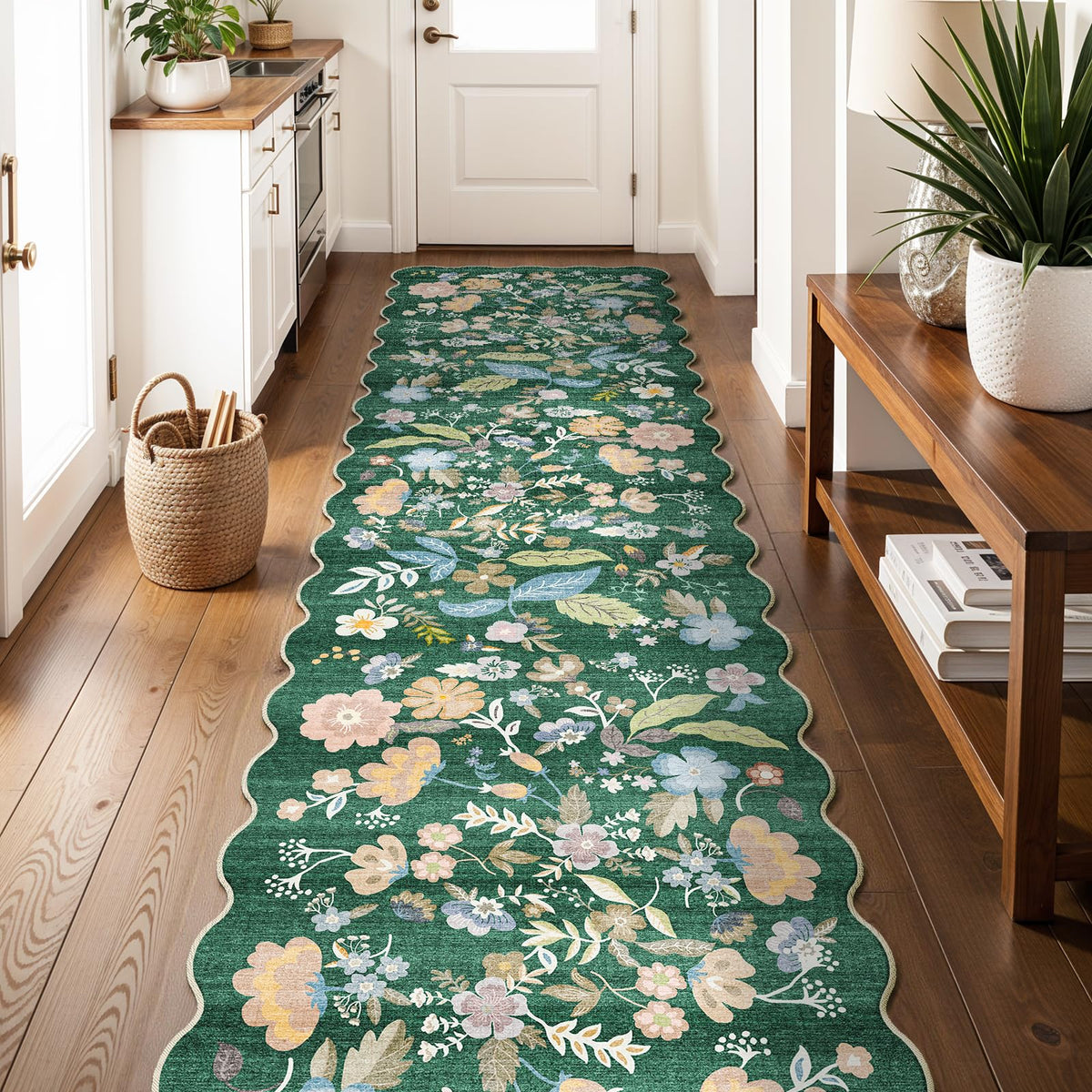 2x4 Rug Washable for Entryway - Non-Slip Scalloped Floral Throw Rug Black