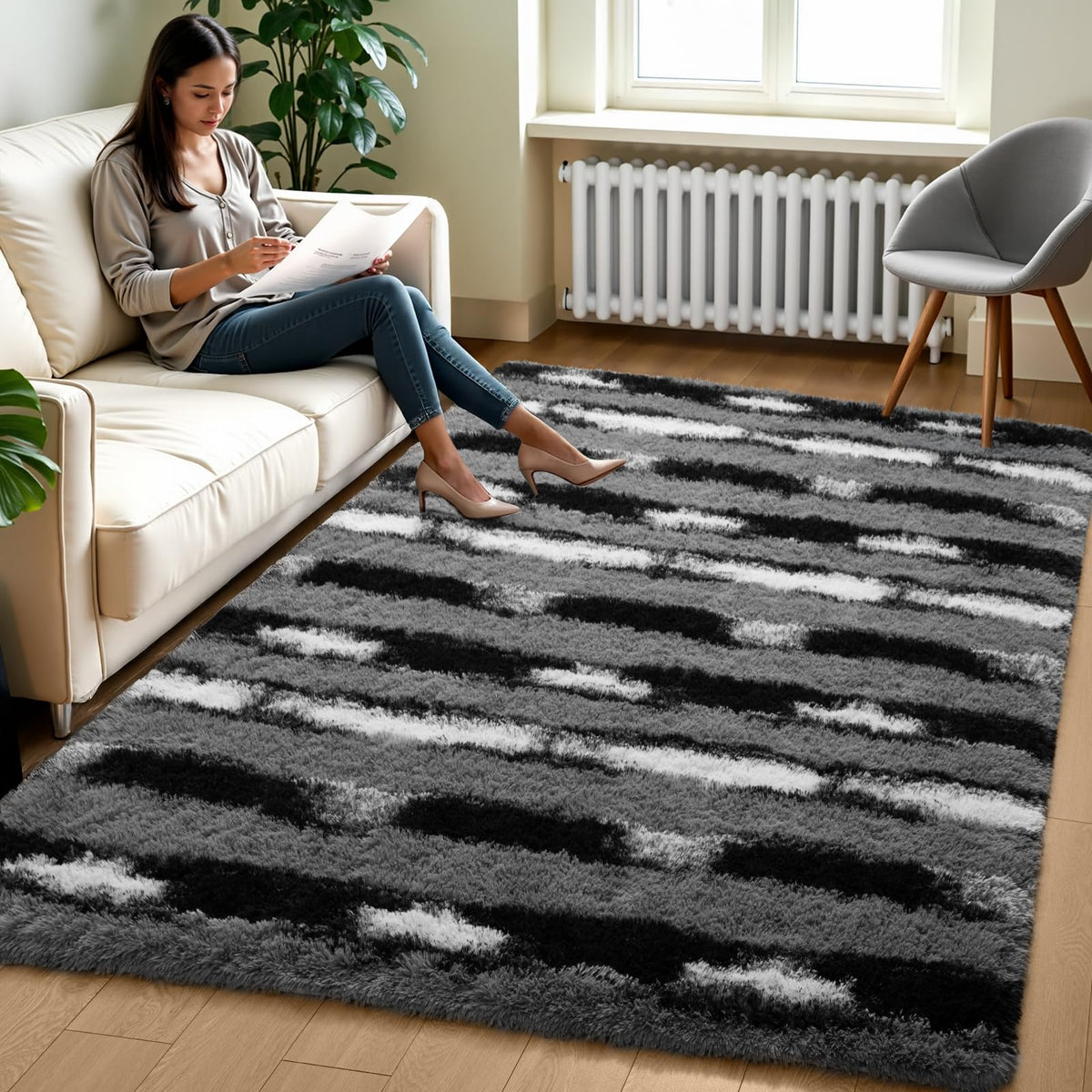 Zentavio 2x6 Runner Rugs for Hallway Shag Soft Bedroom Bedside Rugs Non Slip Fluffy Carpet for Kids Girls Boys Home Decor Aesthetic Dorm Nursery Tie-Dyed Black Grey
