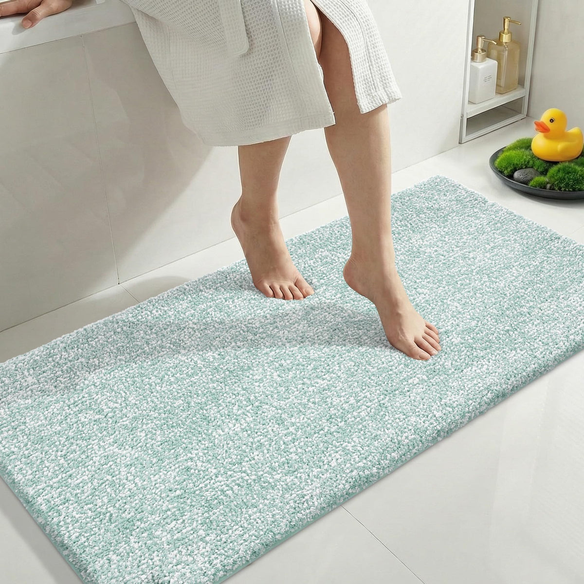 Yimobra Non Slip Machine Washable Bathroom Rug 24x17 Light Beige and White