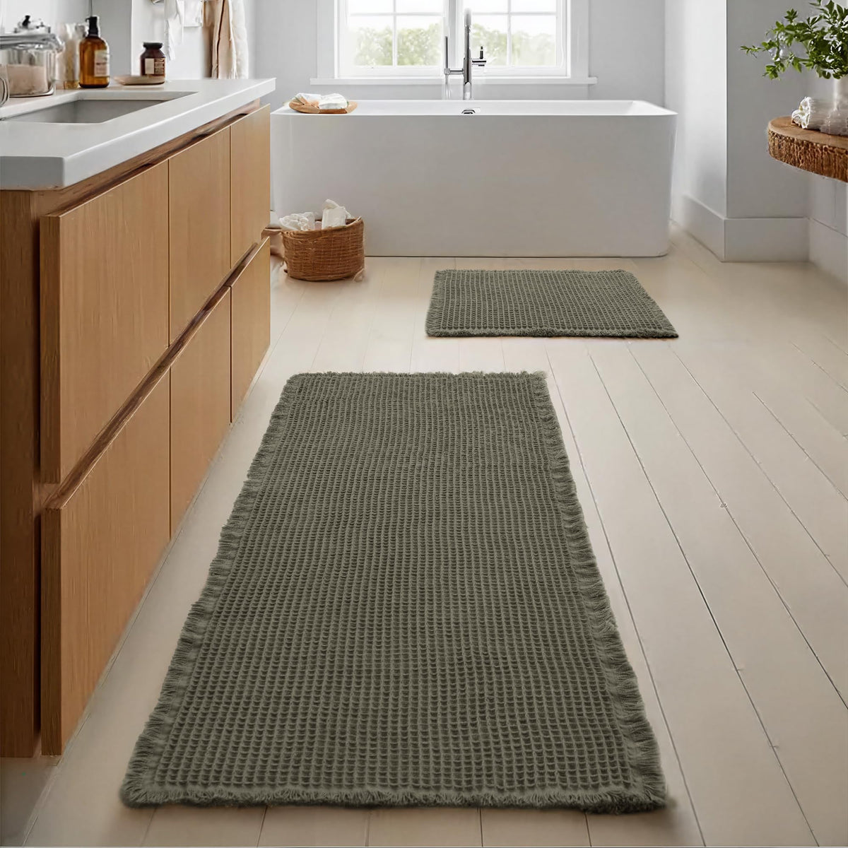 JIUZHEN Set of 2 Waffle Bath Mats Boho Bath Rugs 16"x24"+20"x32", Brown
