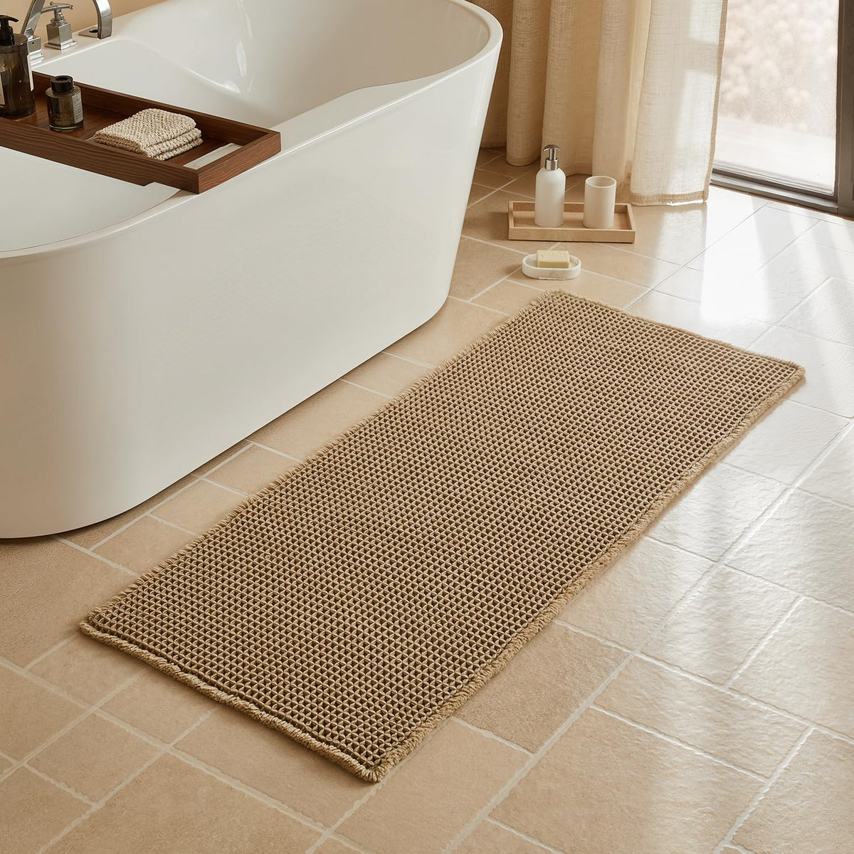 Triohero Waffle Bath Mat, Small Boho Bathroom Rugs Non Slip, 16x24 Khaki