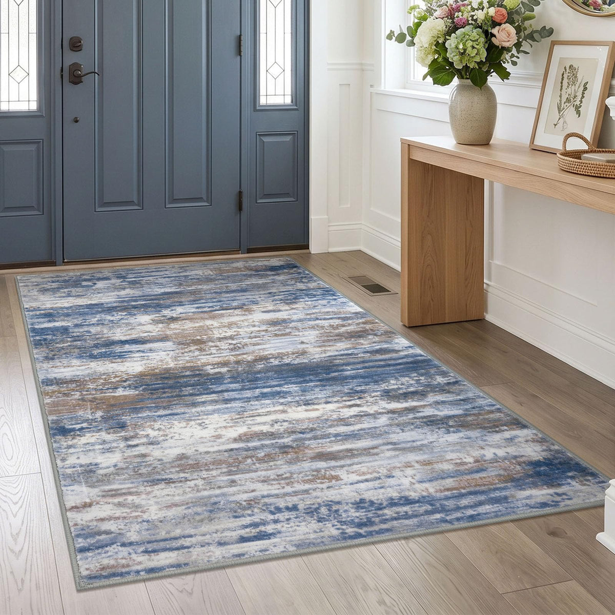 KOZYFLY Abstract Entryway Rug 2x3 Washable Door Mat Indoor Blue Beige