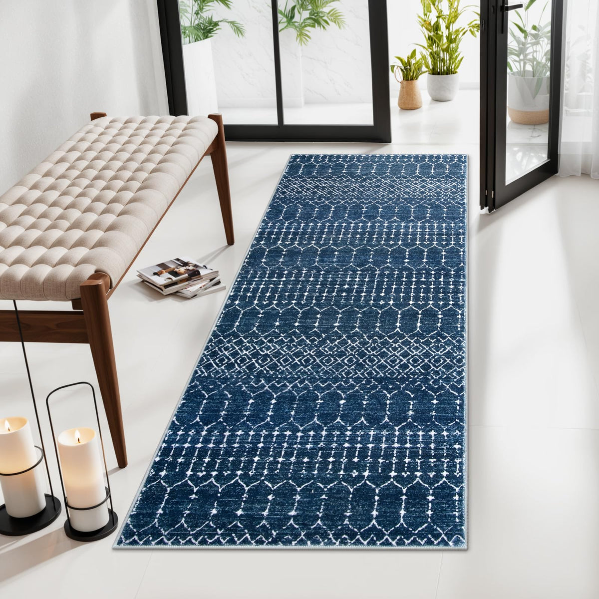 Lahome Moroccan Indoor Rugs for Entryway 2x3 Area Rug Non-Slip Backing Washable Inside Door Mats Low-Profile Throw Soft Rugs for Bathroom, Geometric Print Distressed Blue Rug for Kitchen Bedside Hana